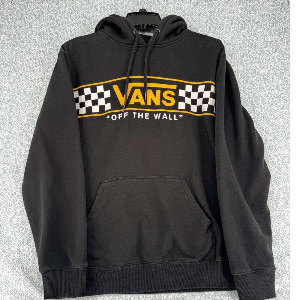 Vans Off The Wall Hoodie Mens M Black Checkerboard Graphic Pullover Sweatshirt